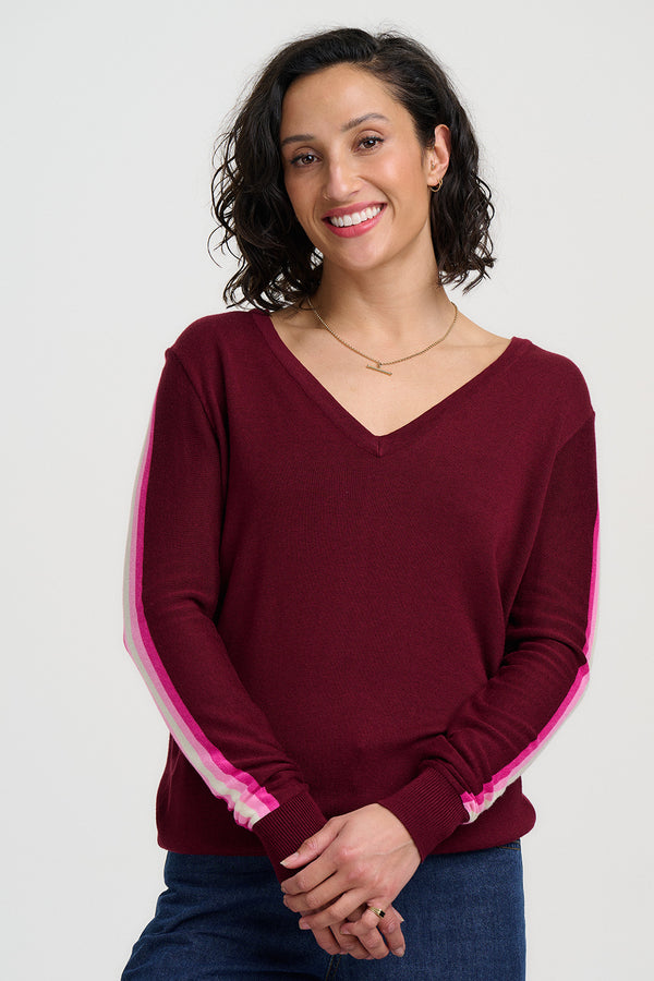 Doris V-Neck Jumper | Burgundy/Tonal Stripe