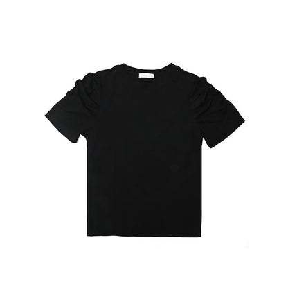 T-Shirt Top with Ruched Sleeves | Black