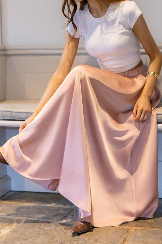 Long length satin skirt in dusky pink