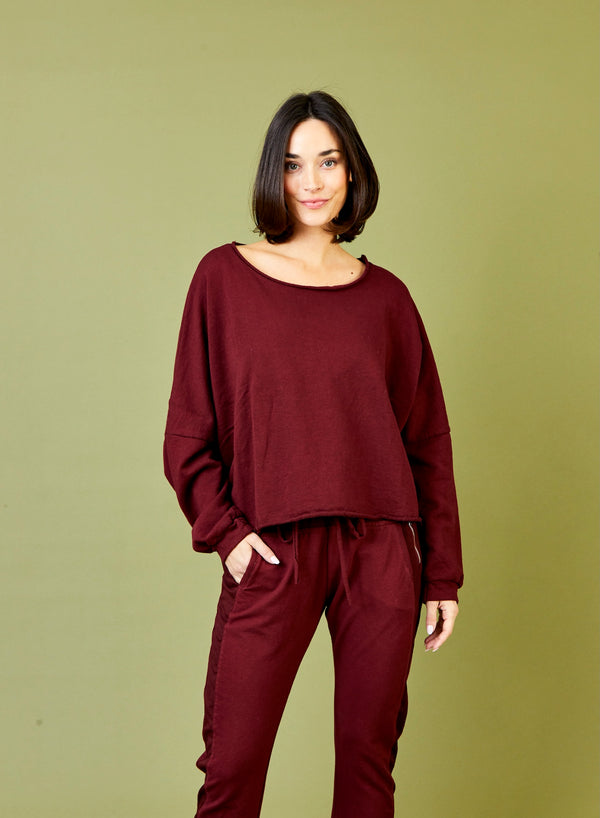 Suzy D Maeve Cropped Raw Edge Sweatshirt | Claret