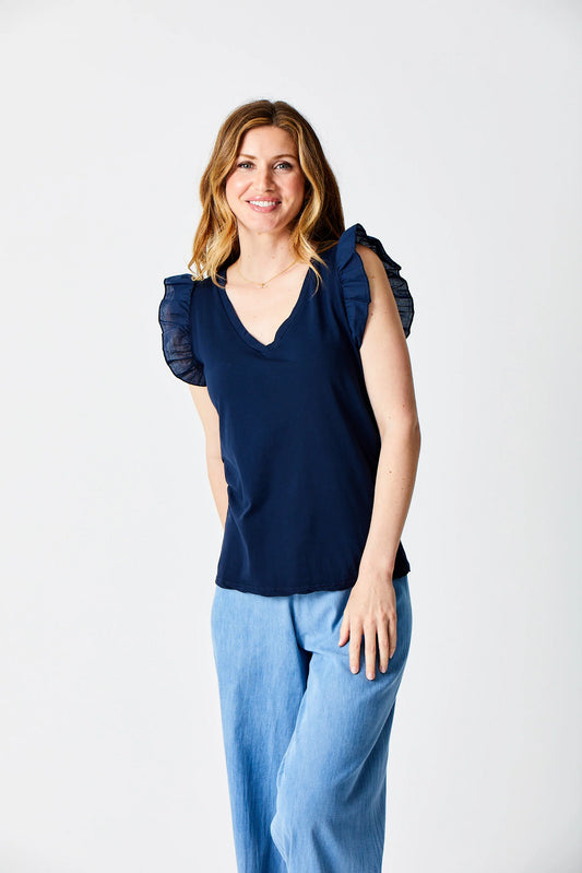 Mina Cotton Frill Sleeve Tee | Navy