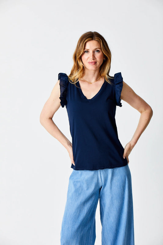 Mina Cotton Frill Sleeve Tee | Navy
