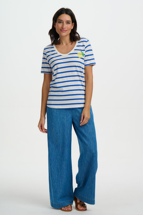 Sugarhill Brighton Sylvie Scoop Neck T-Shirt | Off White/Blue Stripes