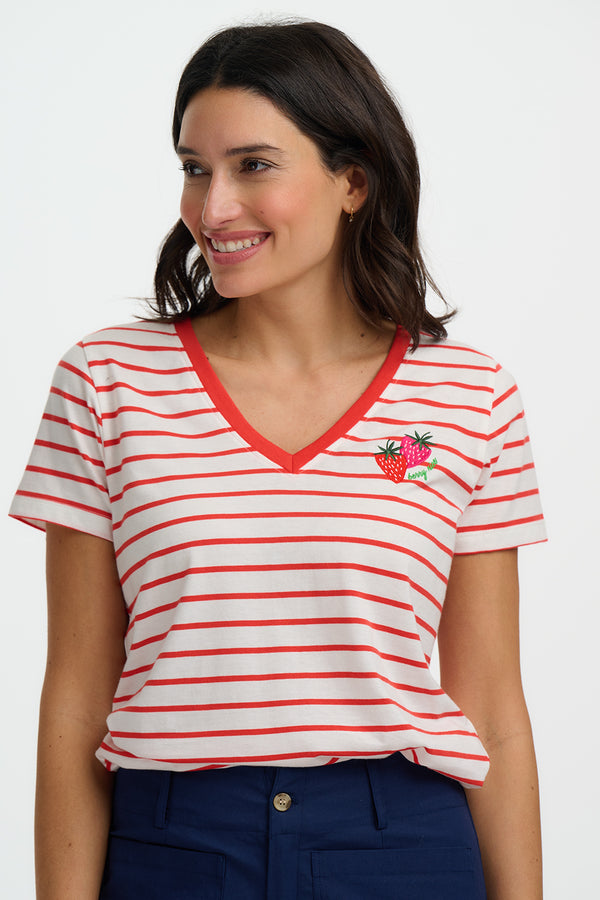 Sugarhill Brighton Khloe V-Neck T-Shirt | Red/Off White Stripe