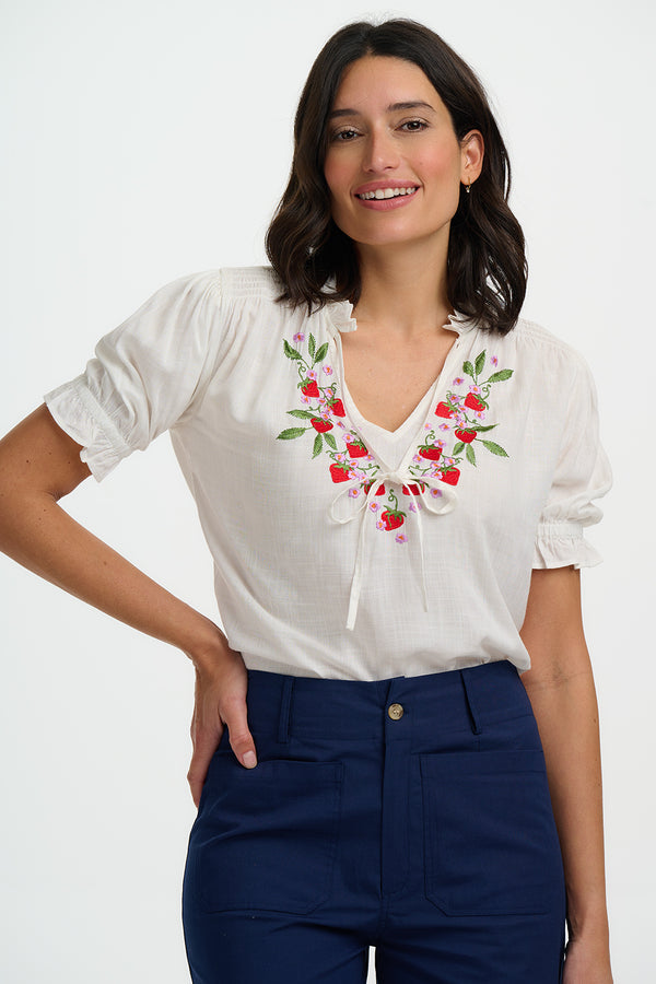 Angelique Shirred Top | Off White, Wild Strawberry