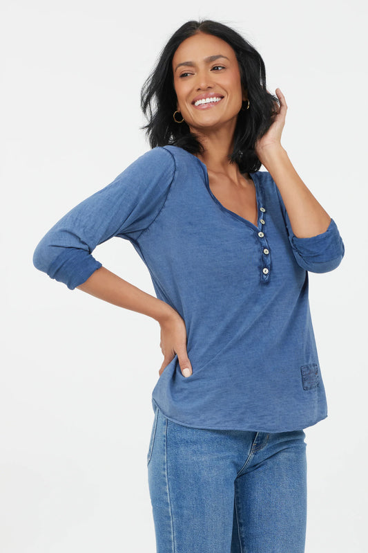 Yvonne Vintage Wash V-Neck Button Top | Blue