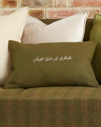 Chalk Oblong Felt Cushion in Dark Olive with Embroidered Script