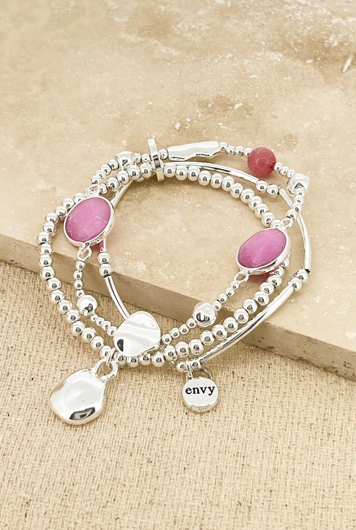Envy Triple Layer Silver Alloy Stretch Bracelet with Pink Semi Precious Stone Beads