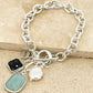 Envy Silver T-Bar Bracelet with Blue, Black and Pearl Semi Precious Charms