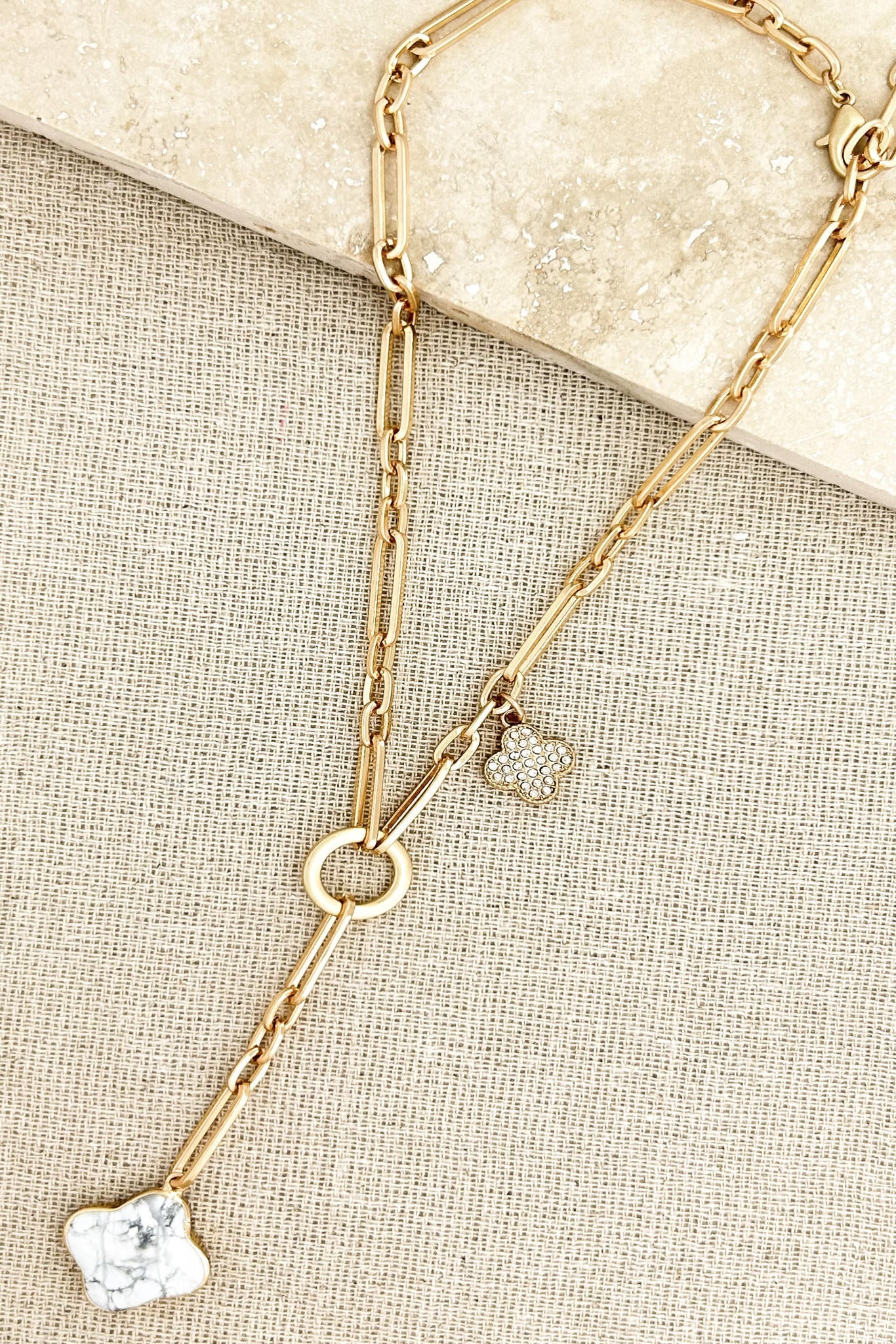 Envy Short Gold Chain Necklace with White Semi Precious Clover Pendant
