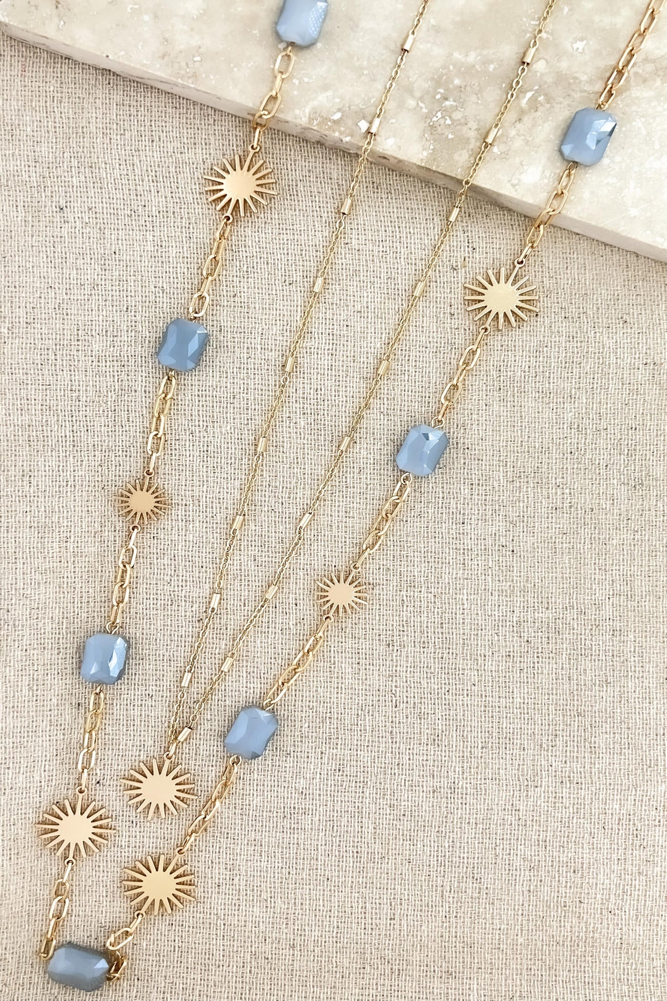 Envy Long Gold Double Layer Starburst Necklace with Pale Blue Crystals