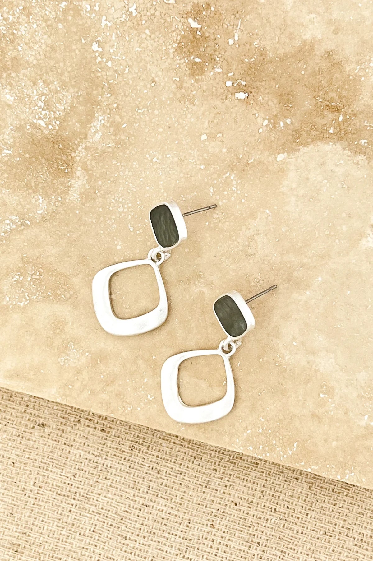 Envy Square Drop Earrings with Silver and Grey Shell Stud 