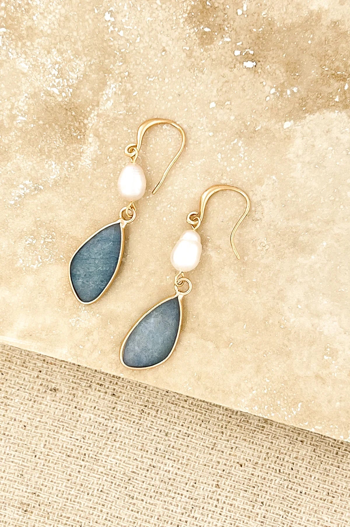Envy Gold Earrings with Cream Bead and Blue/Grey Semi Precious Stone Dropper
