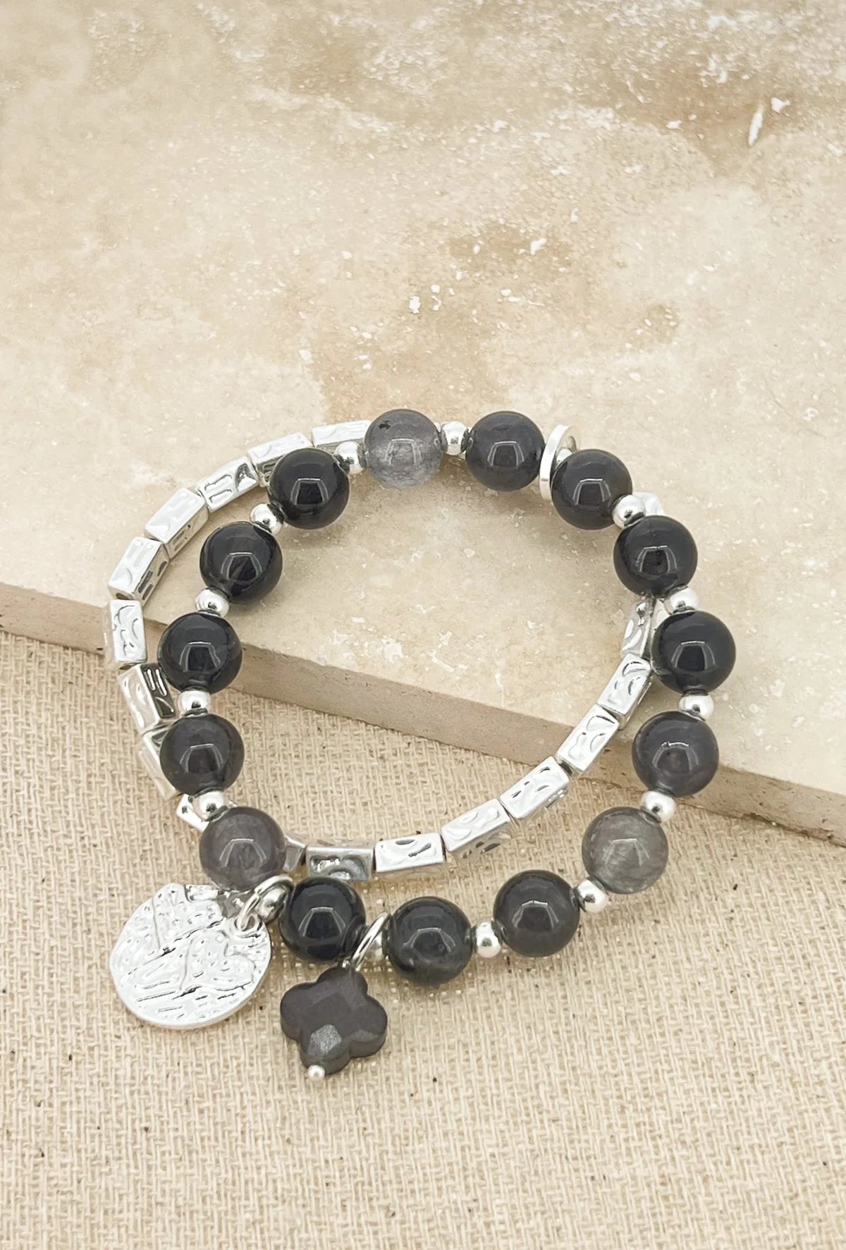 Envy Silver and Grey Semi Precious Bead Multi Layer Bracelet