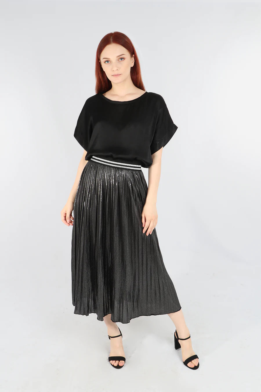 Silver Foil Pleated Skirt with Glitter Stripe Waistband