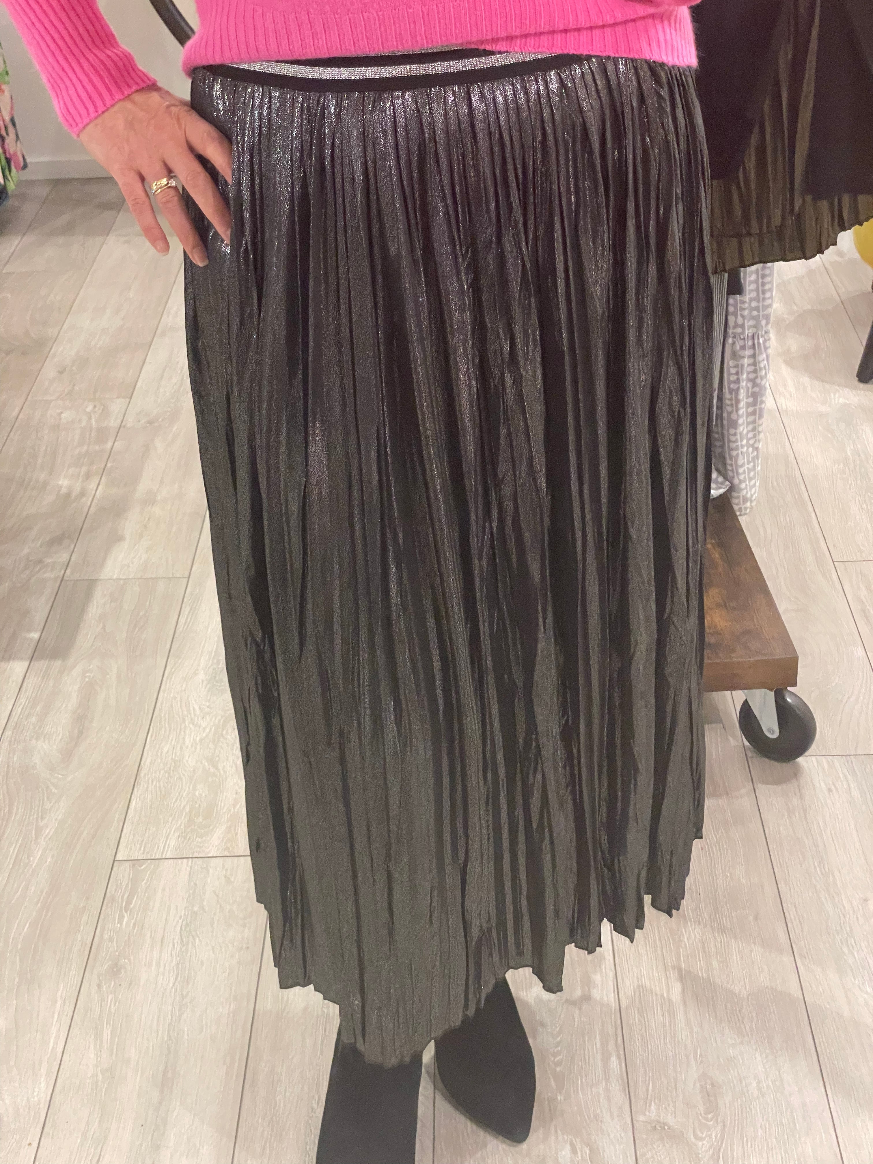 Silver Foil Pleated Skirt with Glitter Stripe Waistband – The Tog Boutique