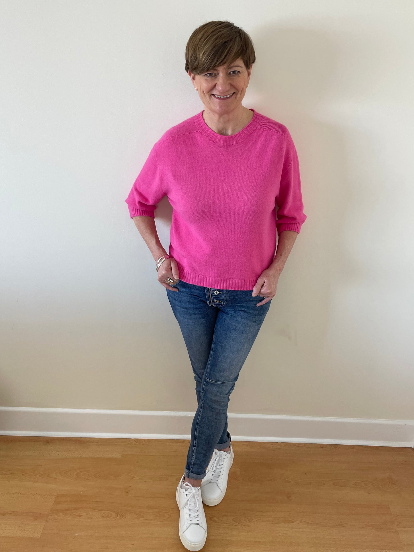3/4 Sleeve Round Neck Soft Knit Jumper | Fuchsia