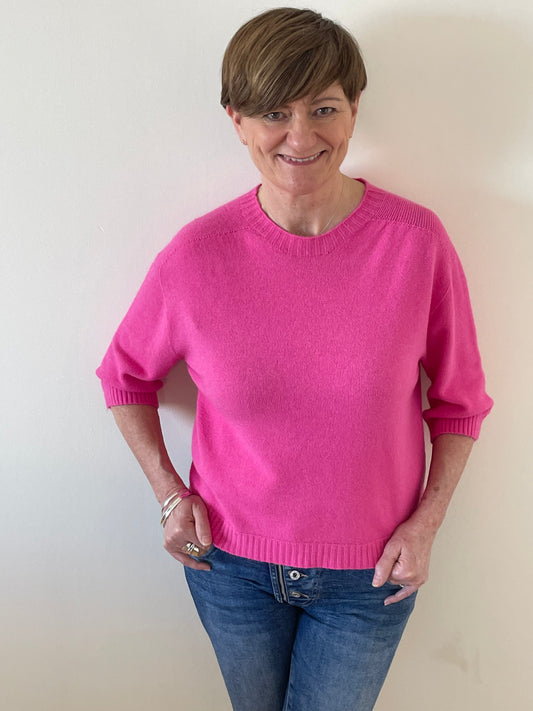 3/4 Sleeve Round Neck Soft Knit Jumper | Fuchsia
