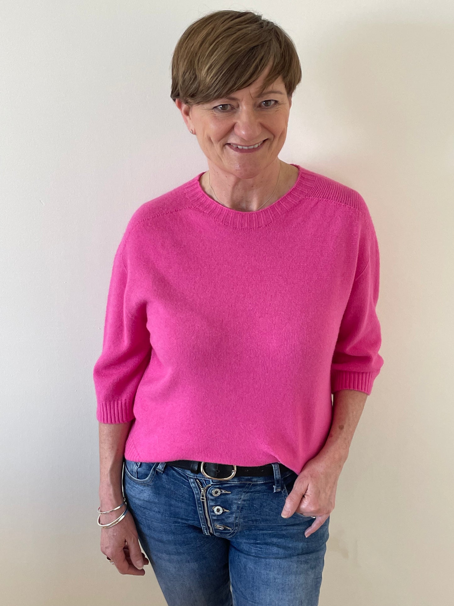 3/4 Sleeve Round Neck Soft Knit Jumper | Fuchsia