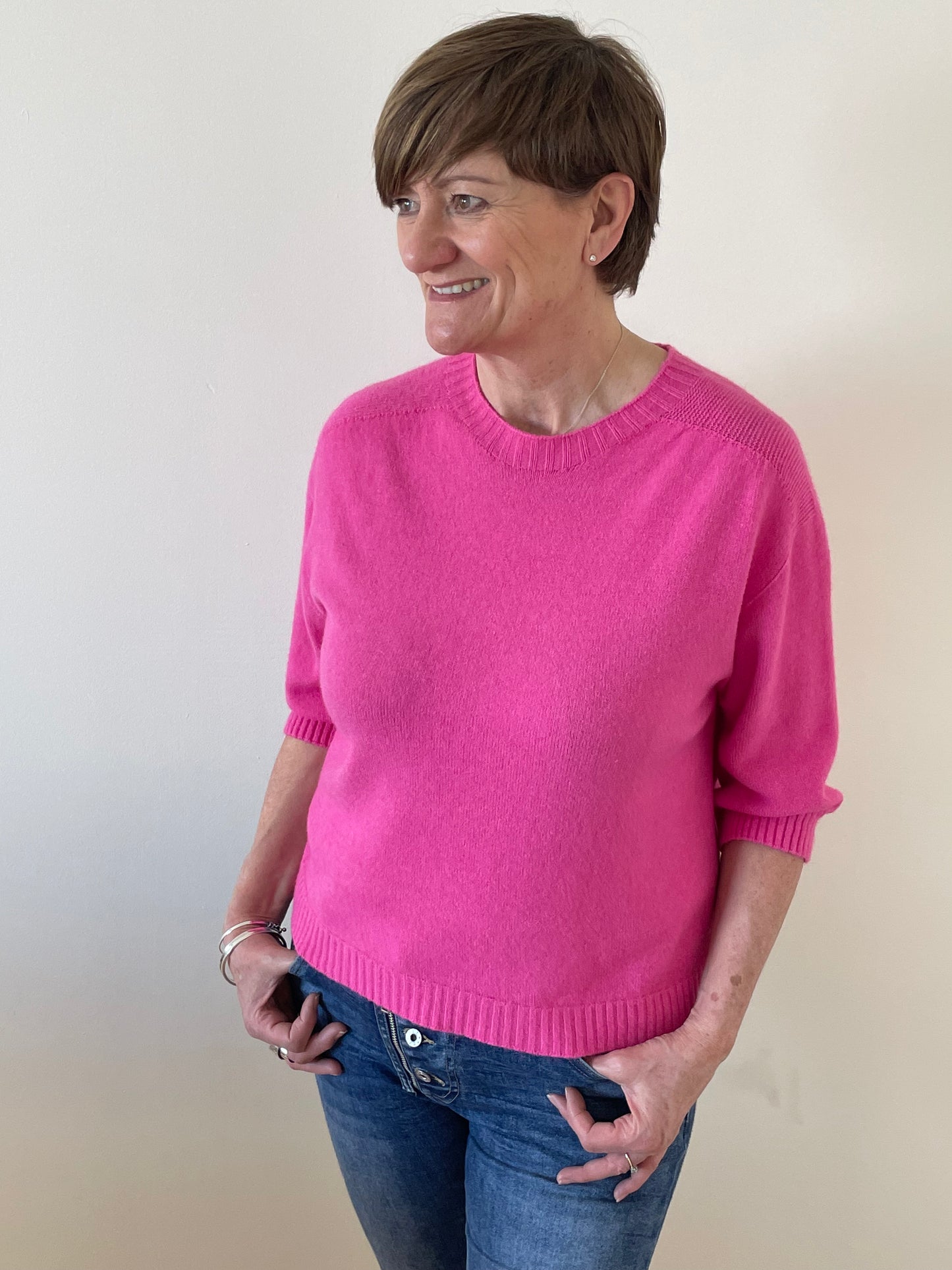 3/4 Sleeve Round Neck Soft Knit Jumper | Fuchsia