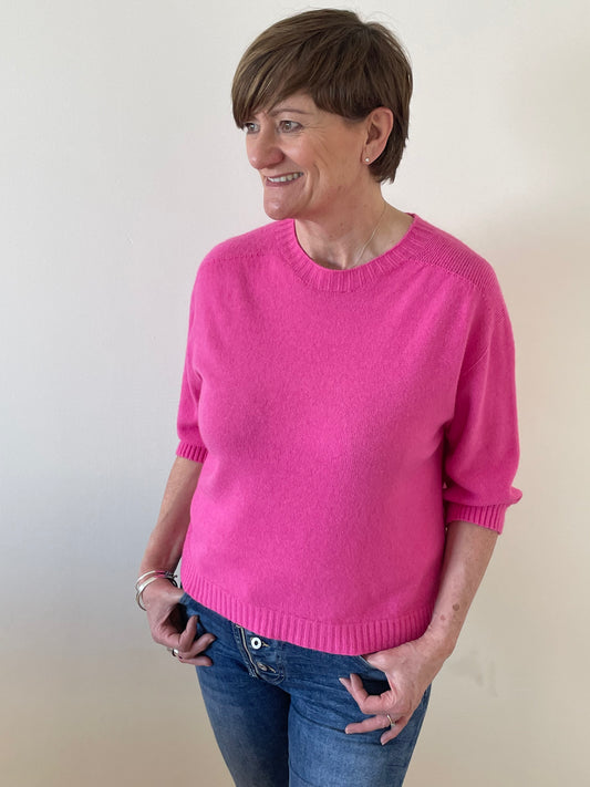 3/4 Sleeve Round Neck Soft Knit Jumper | Fuchsia